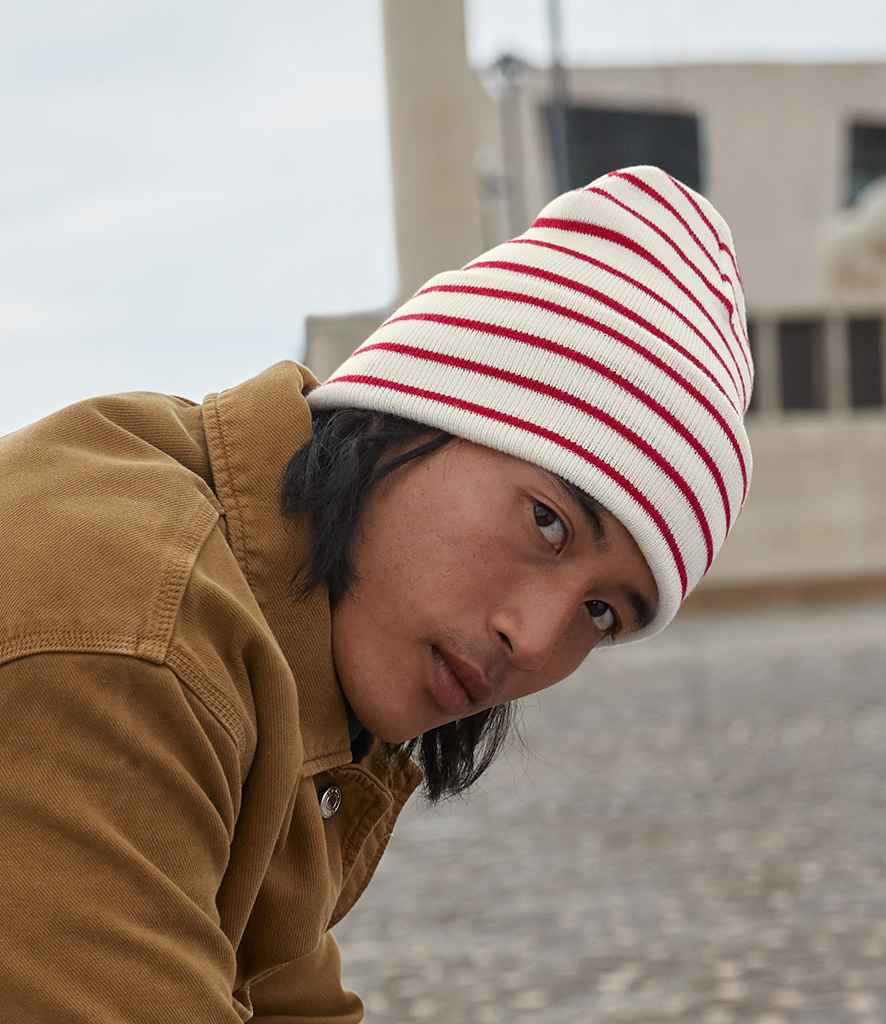 Beechfield Original Deep Cuffed Striped Beanie | Soft White/Classic Red