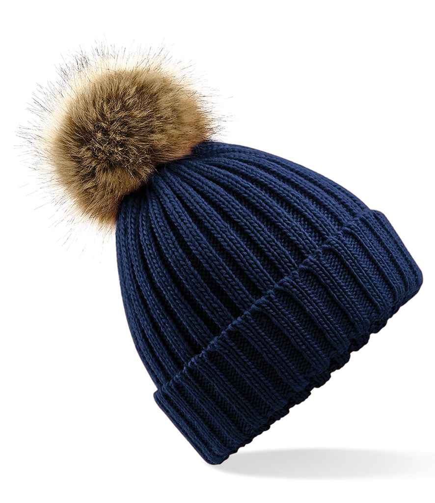 Beechfield Faux Fur Pop Pom Chunky Beanie | Navy