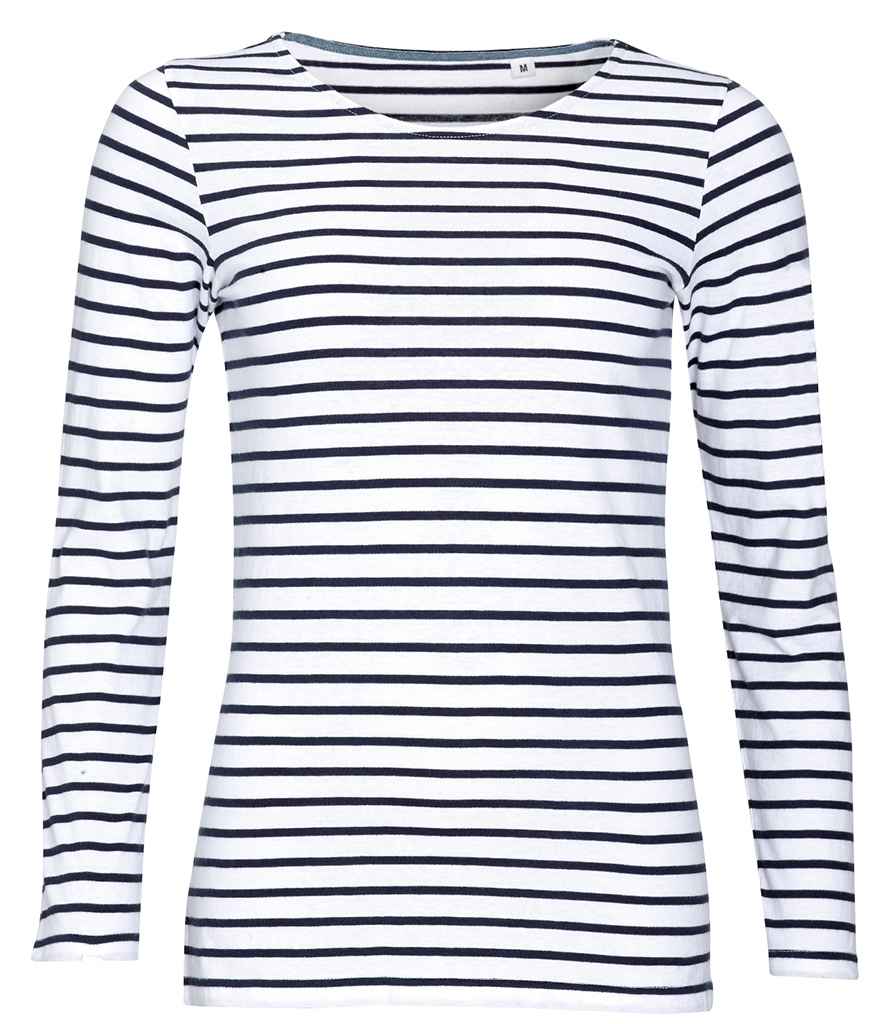 SOL'S Ladies Marine Long Sleeve Striped T-Shirt | White/Navy