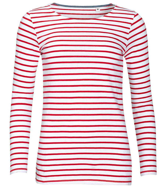 SOL'S Ladies Marine Long Sleeve Striped T-Shirt | White/Red