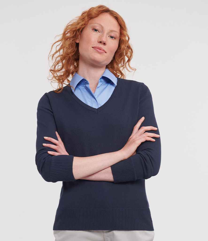 Russell Collection Ladies Cotton Acrylic V Neck Sweater | French Navy