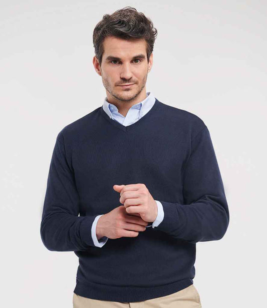 Russell Collection Cotton Acrylic V Neck Sweater | French Navy