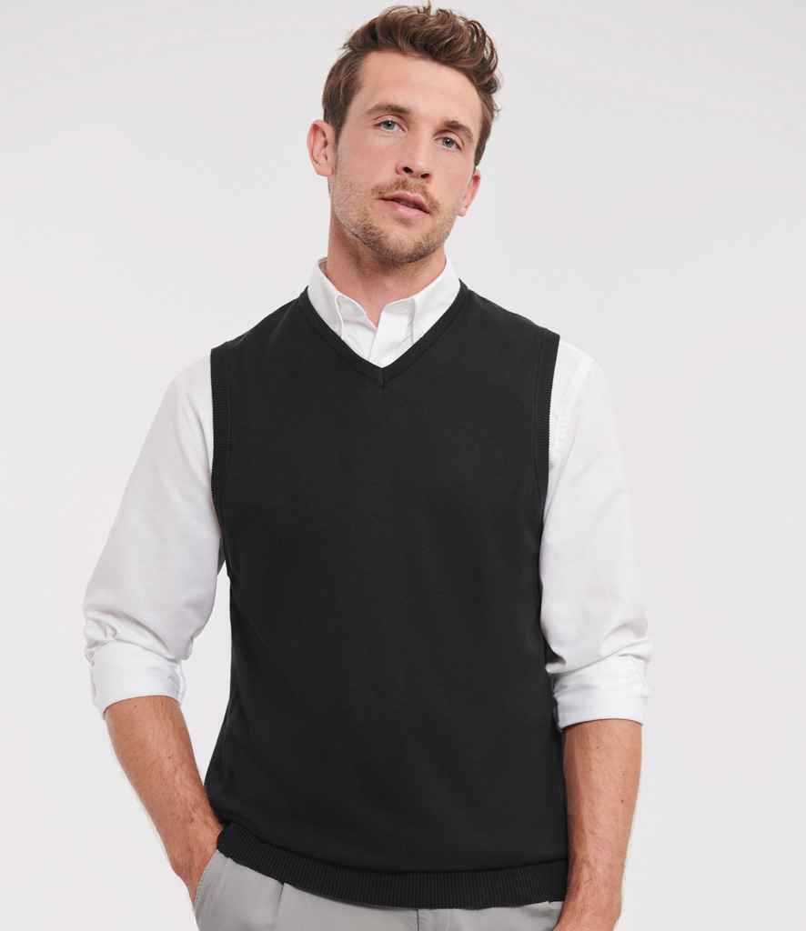 Russell Collection Sleeveless Cotton Acrylic V Neck Sweater | Black