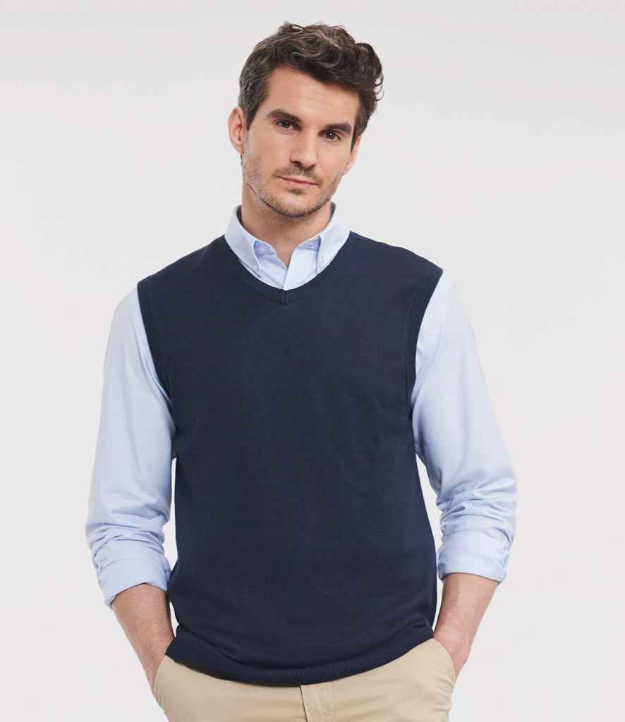 Russell Collection Sleeveless Cotton Acrylic V Neck Sweater | French Navy