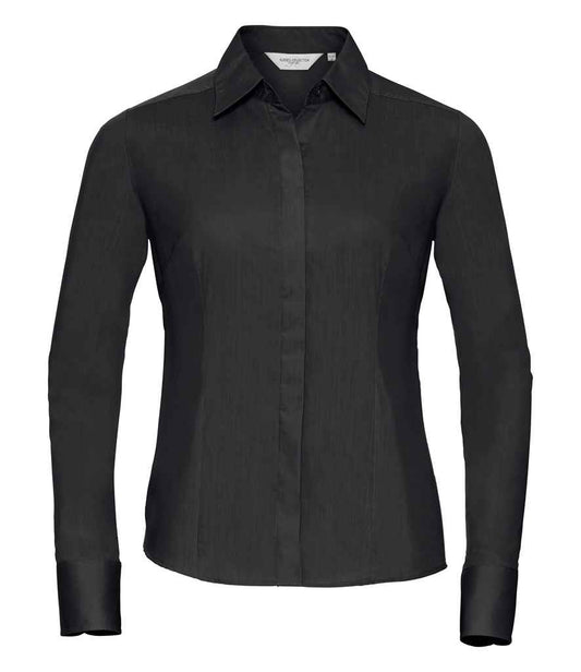 Russell Collection Ladies Long Sleeve Fitted Poplin Shirt | Black