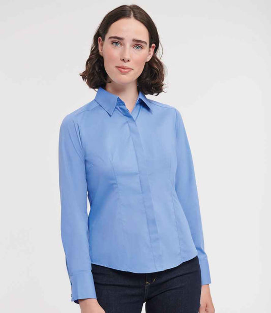Russell Collection Ladies Long Sleeve Fitted Poplin Shirt | Corporate Blue