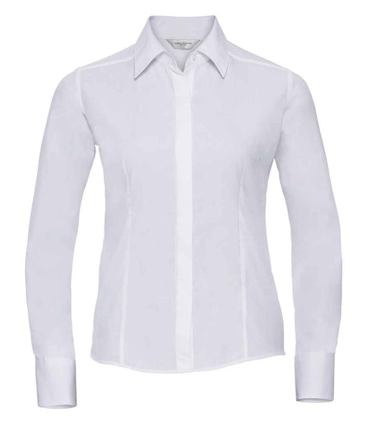 Russell Collection Ladies Long Sleeve Fitted Poplin Shirt | White
