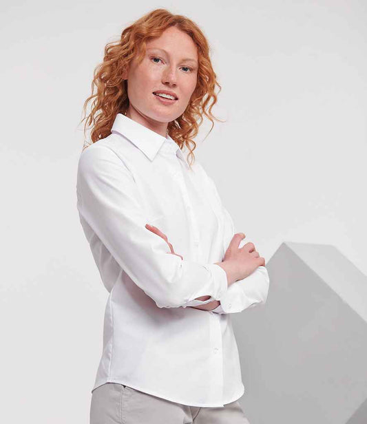 Russell Collection Ladies Long Sleeve Easy Care Oxford Shirt | White