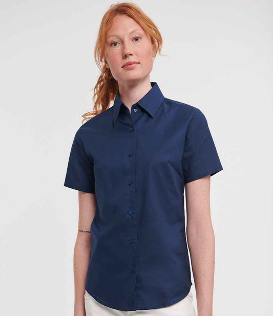 Russell Collection Ladies Short Sleeve Easy Care Oxford Shirt | Bright Navy