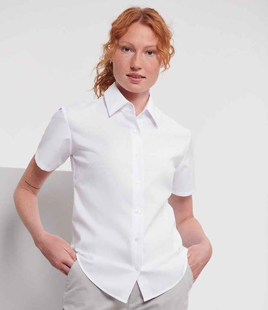 Russell Collection Ladies Short Sleeve Easy Care Oxford Shirt | White