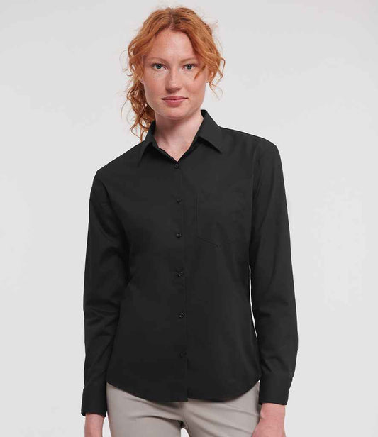 Russell Collection Ladies Long Sleeve Easy Care Poplin Shirt | Black