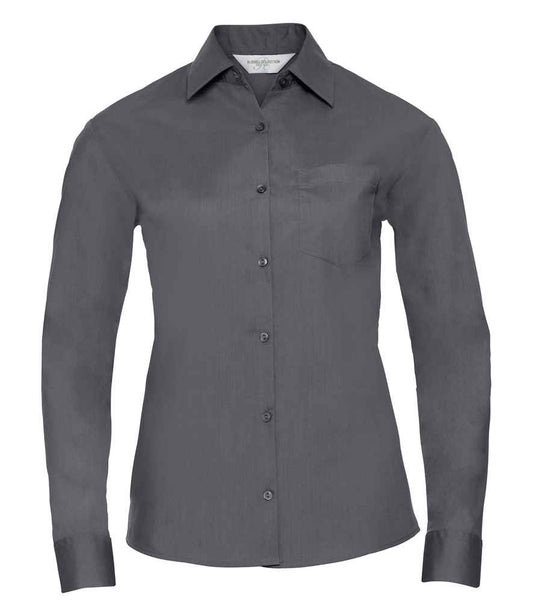 Russell Collection Ladies Long Sleeve Easy Care Poplin Shirt | Convoy Grey