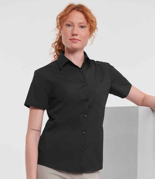 Russell Collection Ladies Short Sleeve Easy Care Poplin Shirt | Black