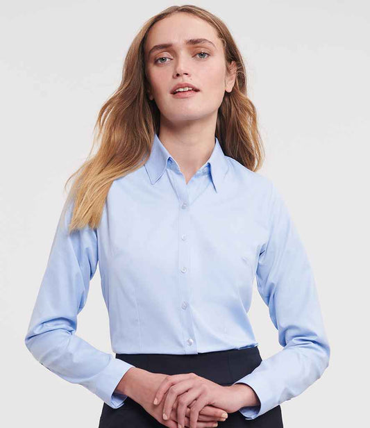 Russell Collection Ladies Long Sleeve Herringbone Shirt | Light Blue