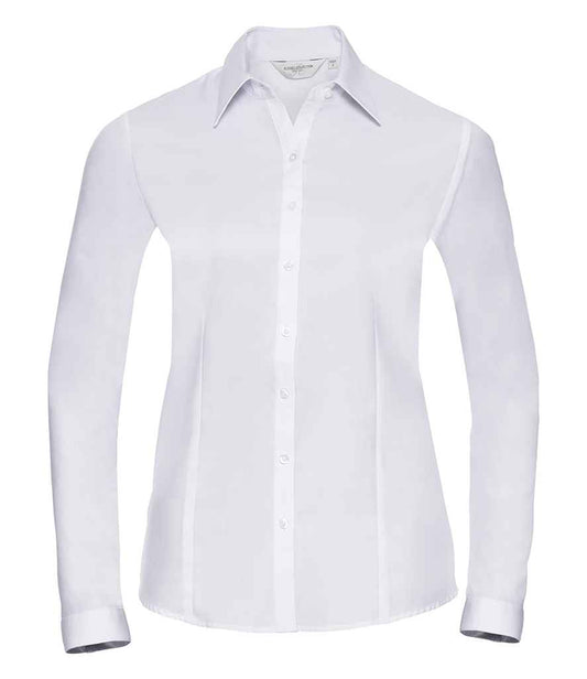 Russell Collection Ladies Long Sleeve Herringbone Shirt | White