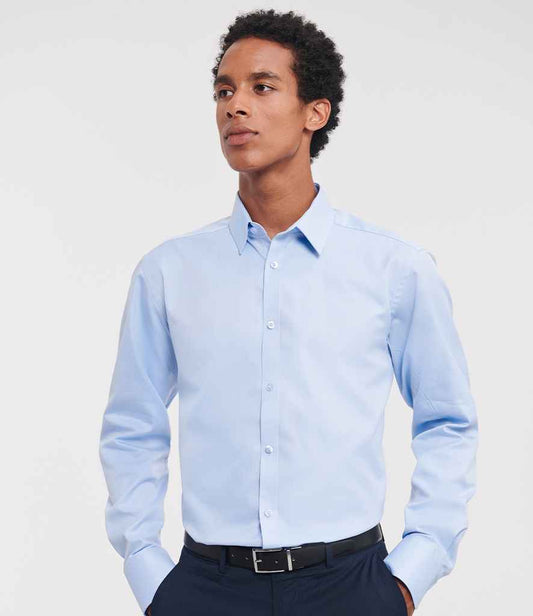 Russell Collection Long Sleeve Herringbone Shirt | Light Blue