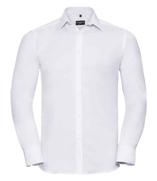 Russell Collection Long Sleeve Herringbone Shirt | White