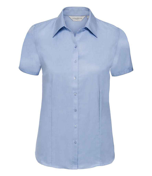 Russell Collection Ladies Short Sleeve Herringbone Shirt | Light Blue