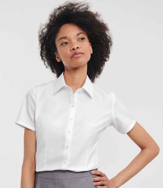 Russell Collection Ladies Short Sleeve Herringbone Shirt | White