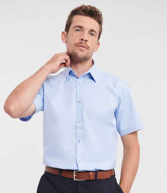 Russell Collection Short Sleeve Herringbone Shirt | Light Blue