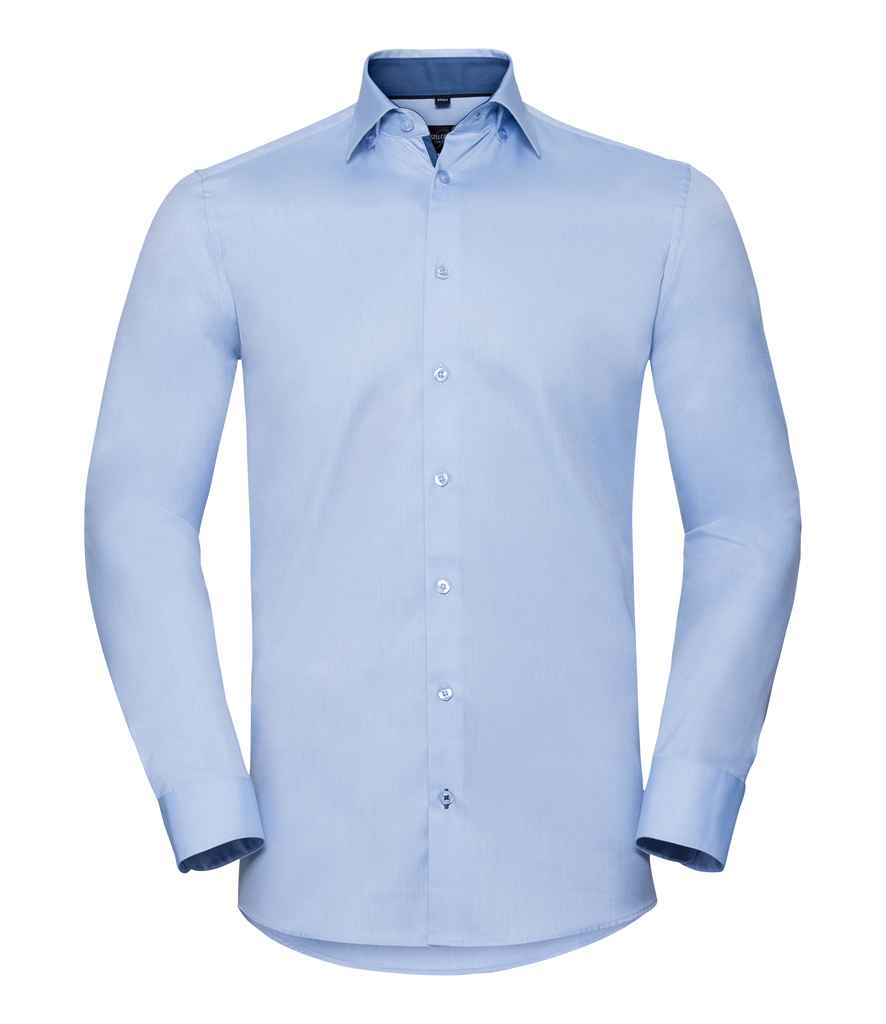 Russell Collection Long Sleeve Contrast Herringbone Shirt | Light Blue/Mid Blue