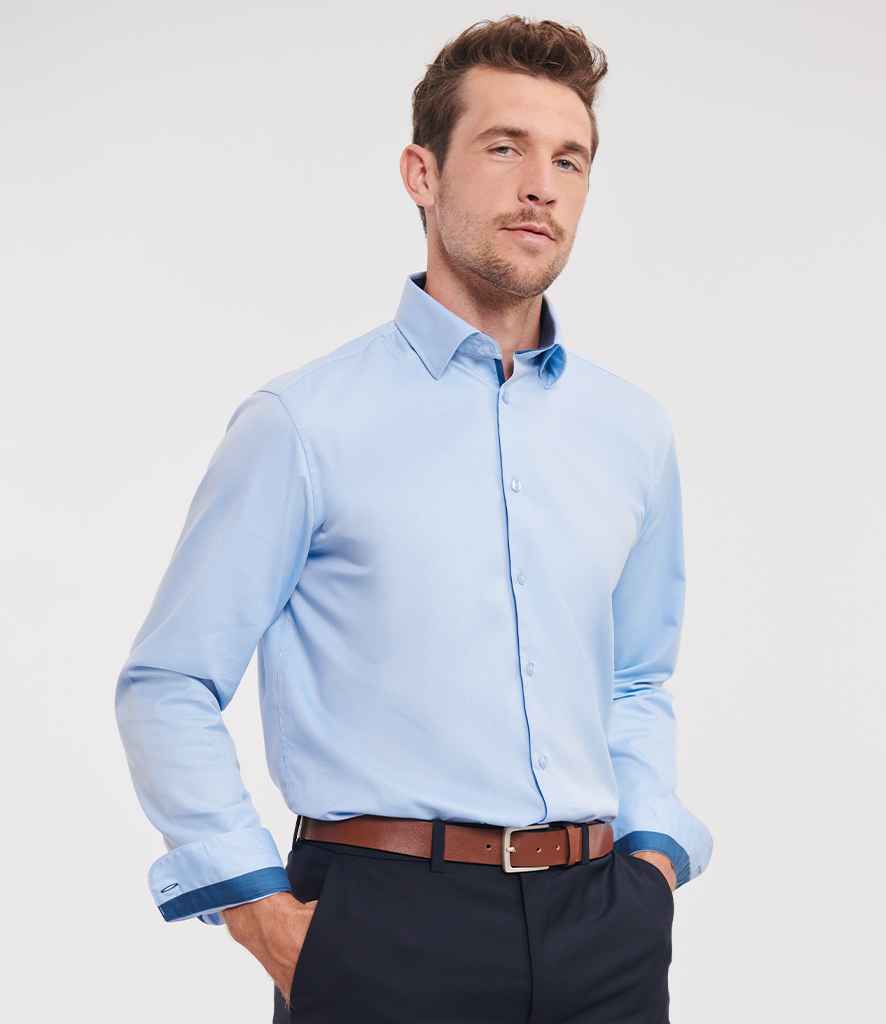 Russell Collection Long Sleeve Contrast Herringbone Shirt | Light Blue/Mid Blue