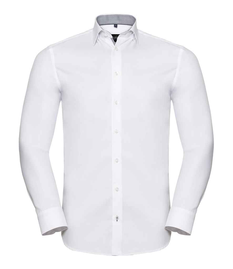 Russell Collection Long Sleeve Contrast Herringbone Shirt | White/Silver