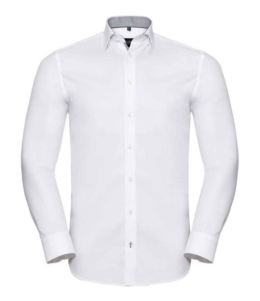 Russell Collection Long Sleeve Contrast Herringbone Shirt | White/Silver