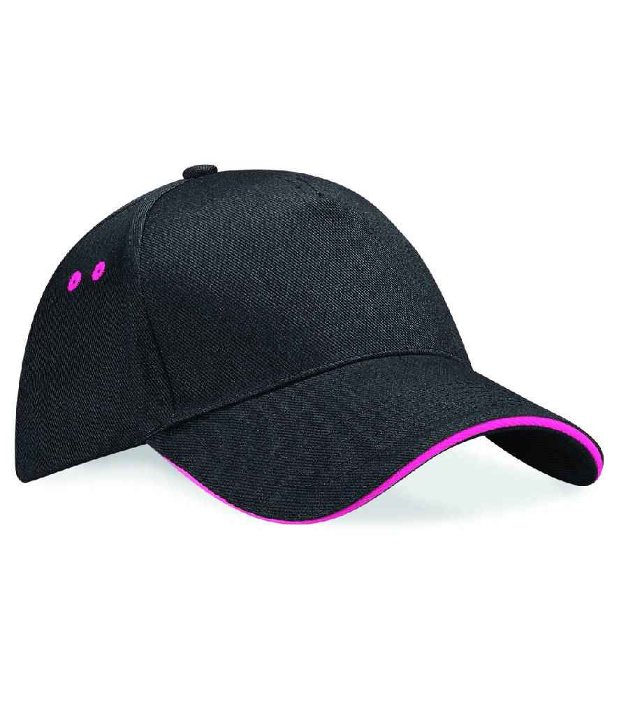 Beechfield Ultimate 5 Panel Cap with Sandwich Peak | Black/Fuchsia