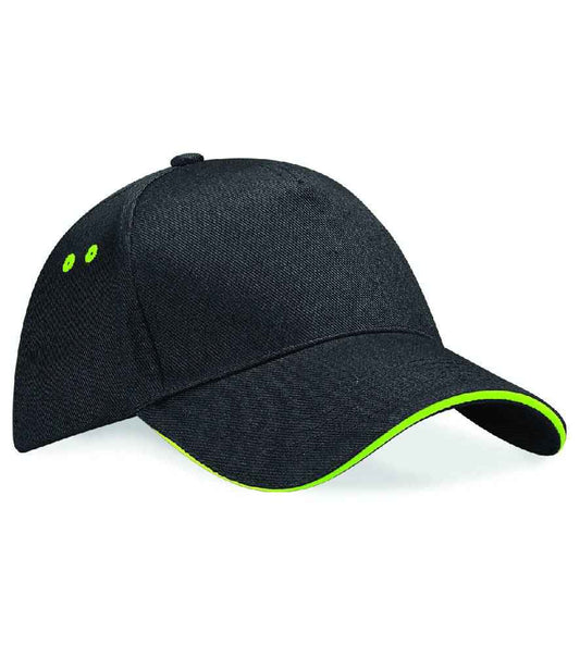 Beechfield Ultimate 5 Panel Cap with Sandwich Peak | Black/Lime Green