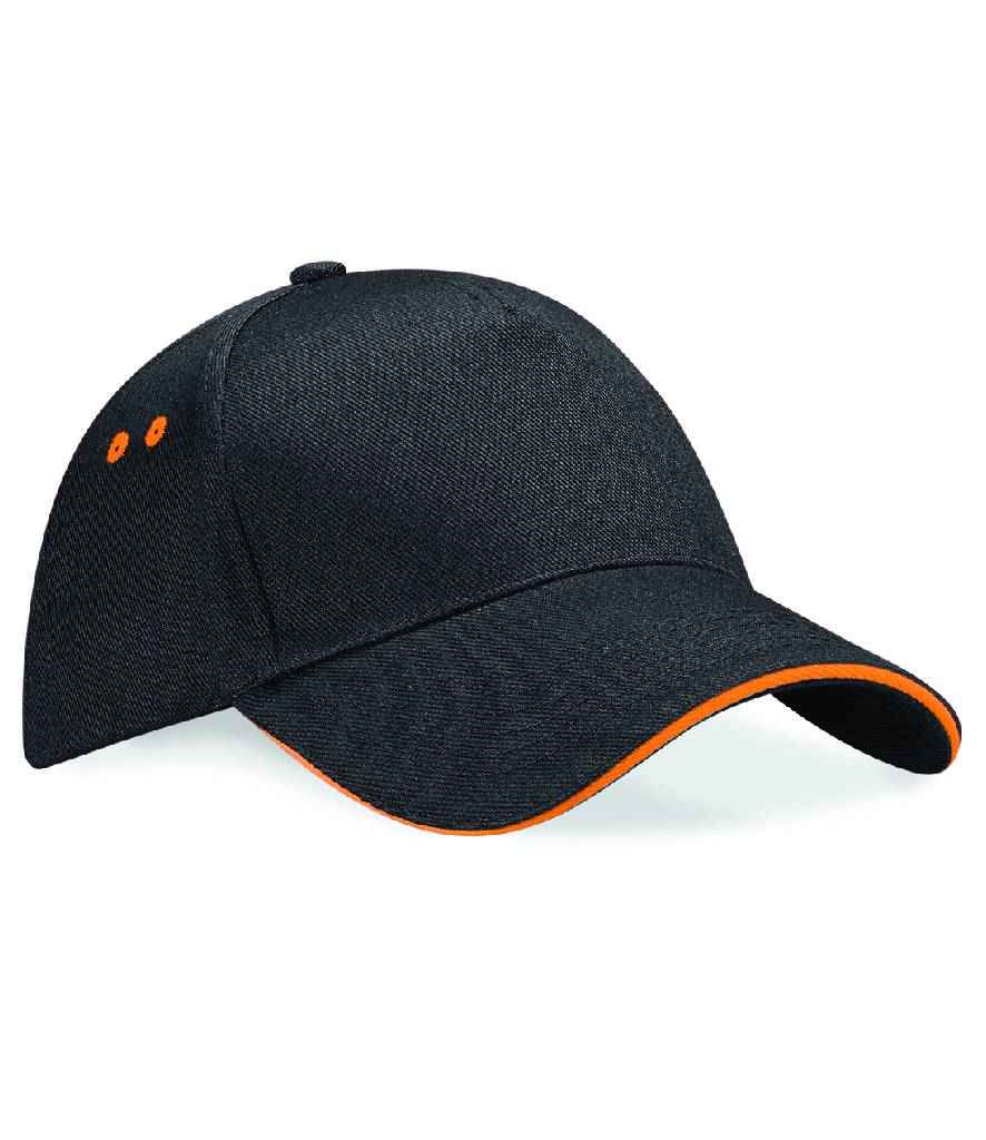 Beechfield Ultimate 5 Panel Cap with Sandwich Peak | Black/Orange