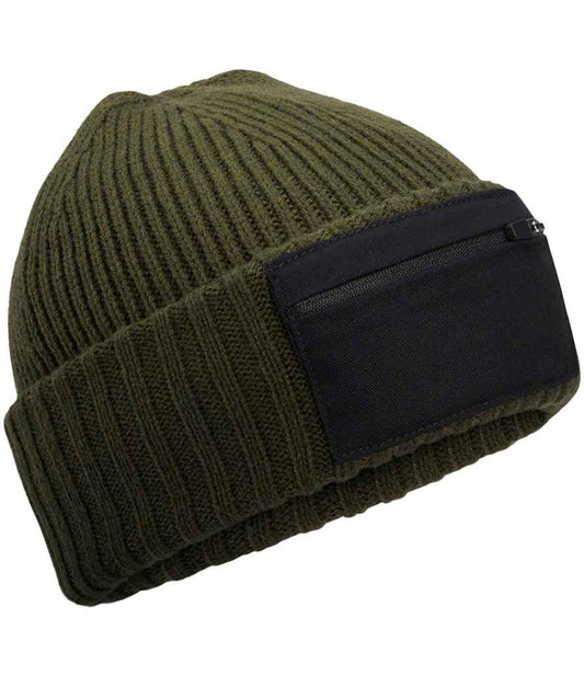 Beechfield Zip Patch Beanie | Military Green/Black