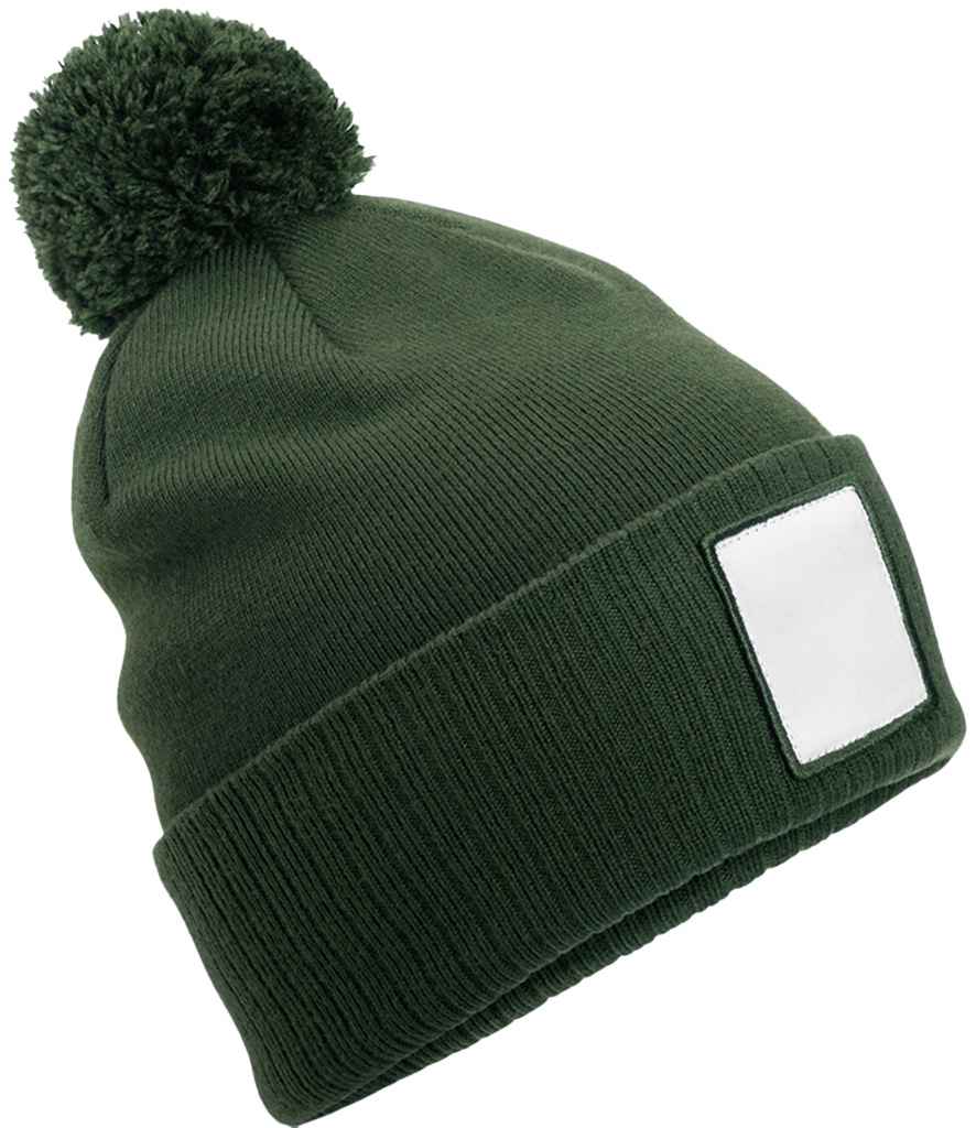 Beechfield Appliqué Patch Pom Beanie | Olive Green/White