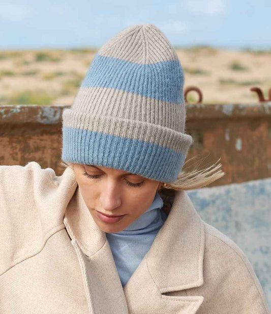 Beechfield Colour Block Beanie | Natural Stone/Dusty Blue