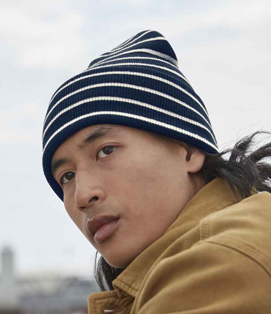 Beechfield Original Deep Cuffed Striped Beanie | French Navy/Soft White