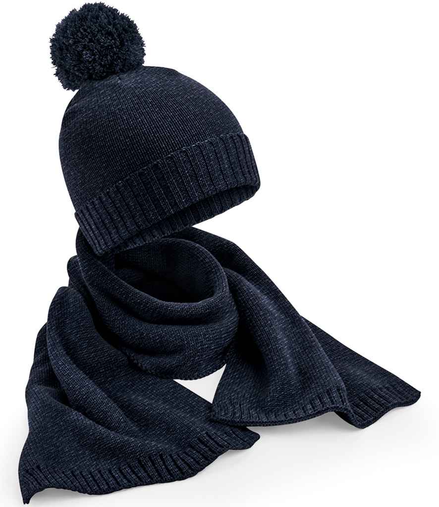 Beechfield Knitted Scarf and Beanie Gift Set | Navy Fleck