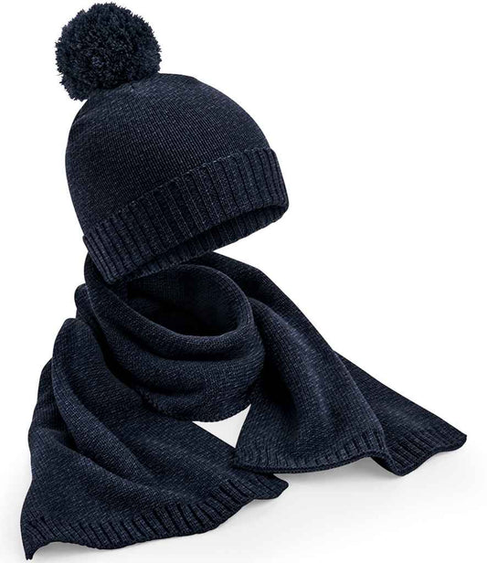 Beechfield Knitted Scarf and Beanie Gift Set | Navy Fleck
