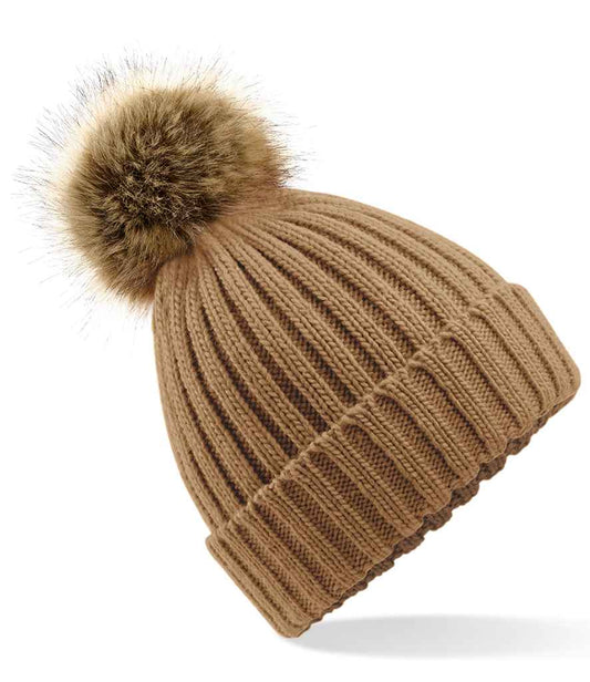 Beechfield Faux Fur Pop Pom Chunky Beanie | Biscuit