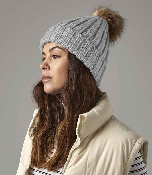 Beechfield Faux Fur Pop Pom Chunky Beanie | Light Grey
