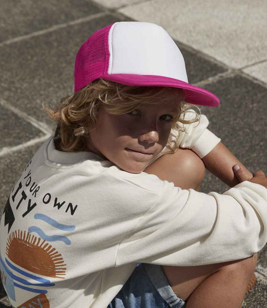 Beechfield Kids Vintage Snapback Trucker Cap | Fuchsia/White