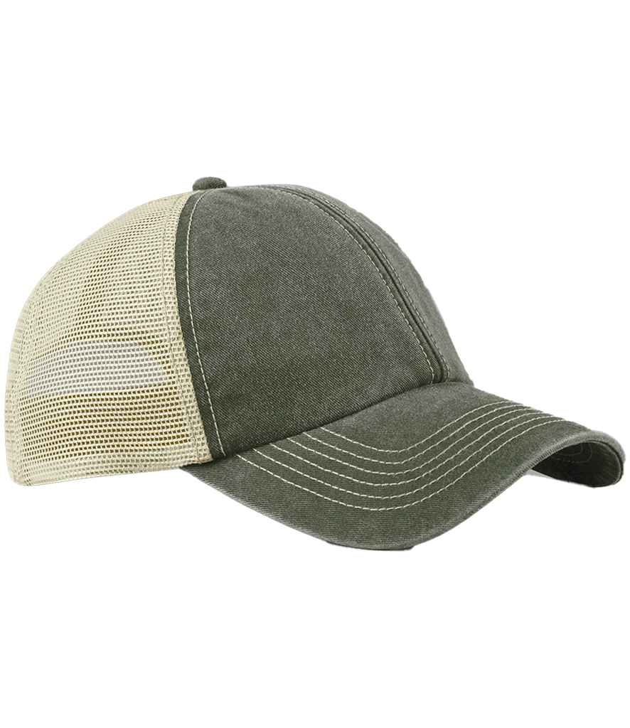 Beechfield 6 Panel Vintage Trucker Cap | Vintage Olive/Stone