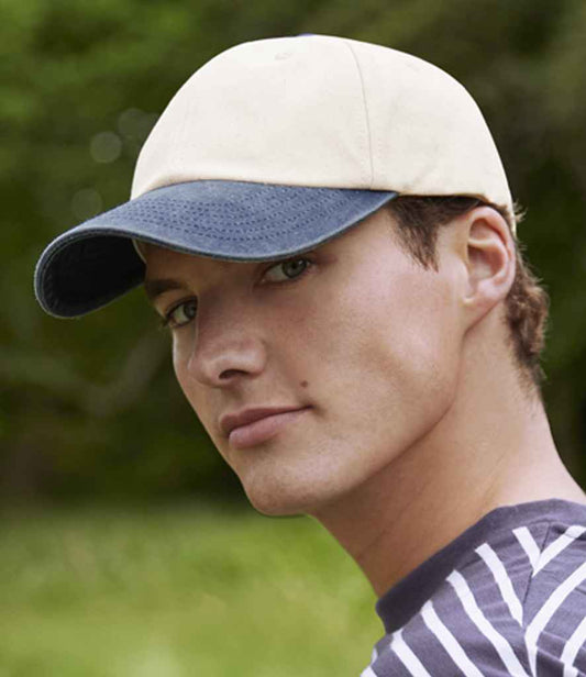 Beechfield Contrast Peak Low Profile Vintage Cap | Natural/Vintage Denim