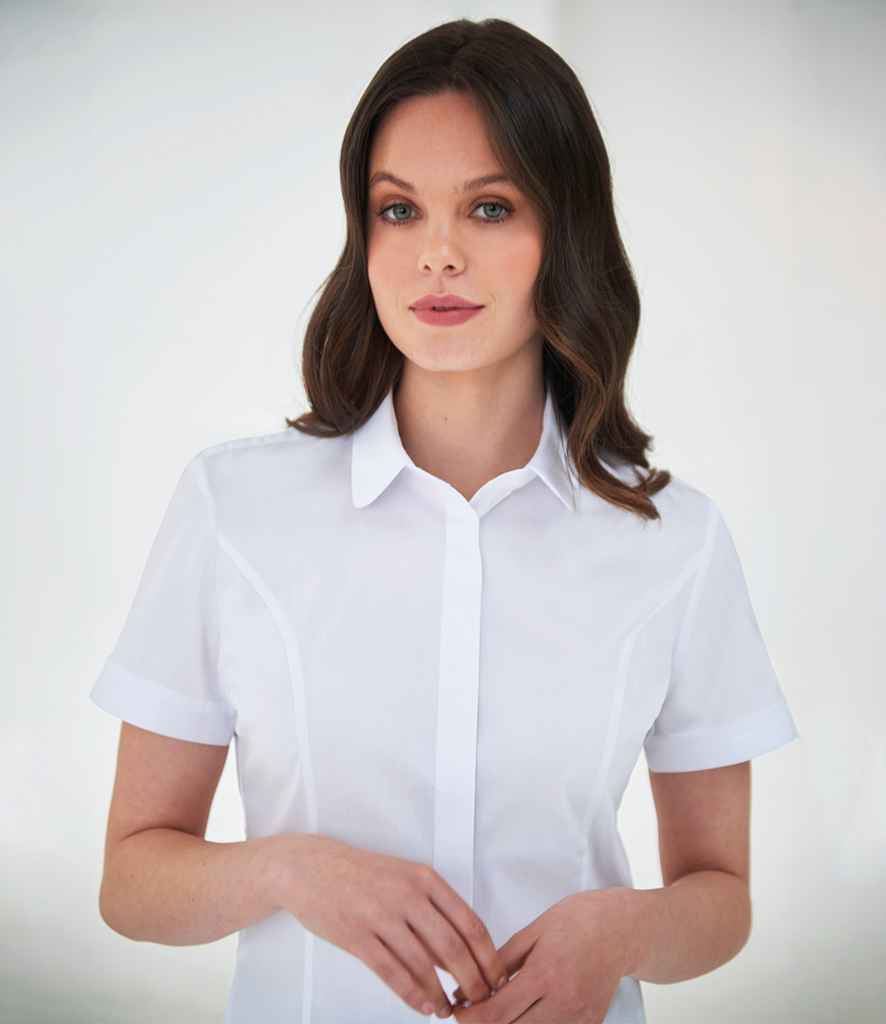 Brook Taverner Ladies Soave Short Sleeve Poplin Shirt | White