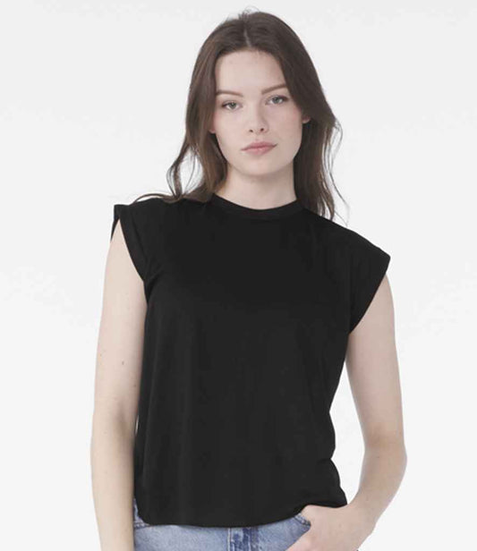 Bella Ladies Flowy Rolled Cuff Muscle T-Shirt | Black