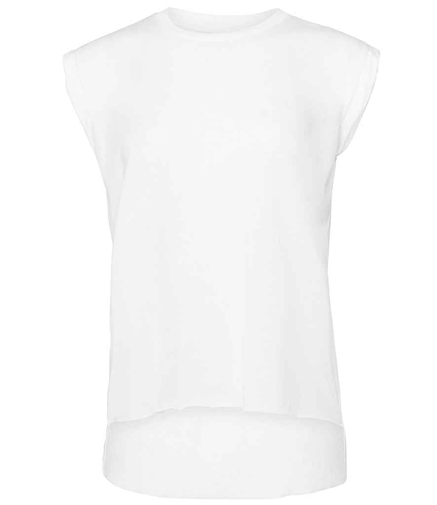 Bella Ladies Flowy Rolled Cuff Muscle T-Shirt | White