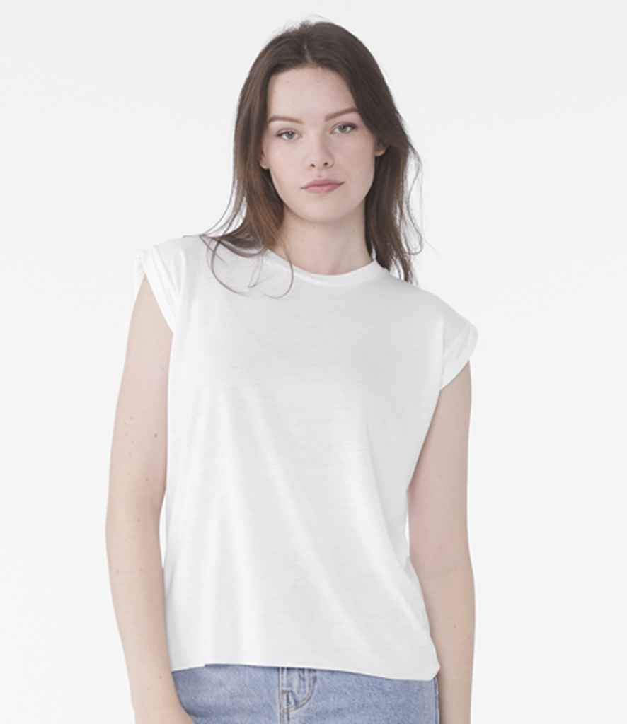 Bella Ladies Flowy Rolled Cuff Muscle T-Shirt | White