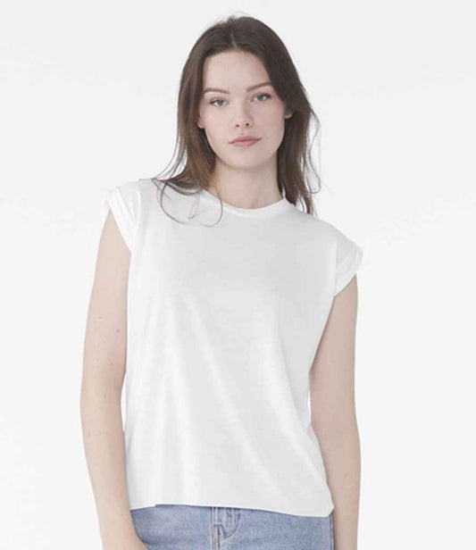 Bella Ladies Flowy Rolled Cuff Muscle T-Shirt | White